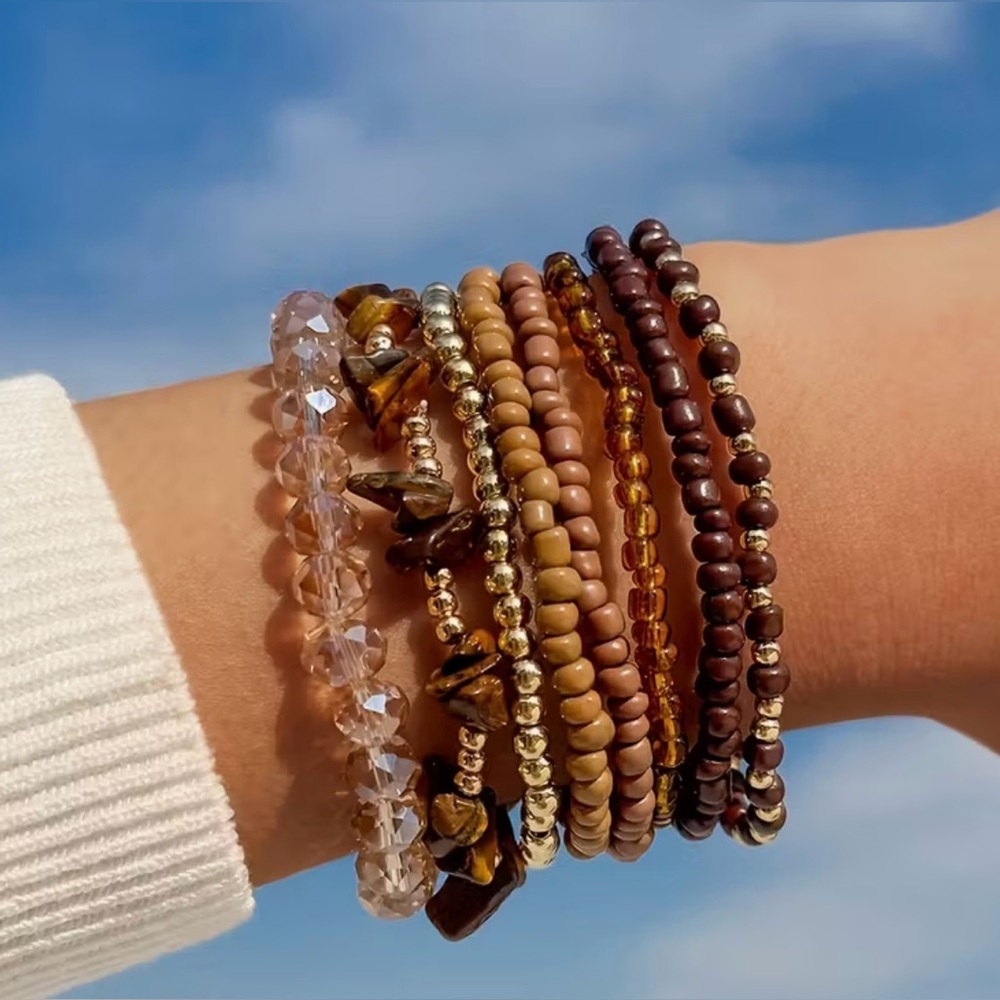 Boho Vibes Bracelet Set - 8 Stretch Bracelets - Brown + Gold Layering Stack -NWT